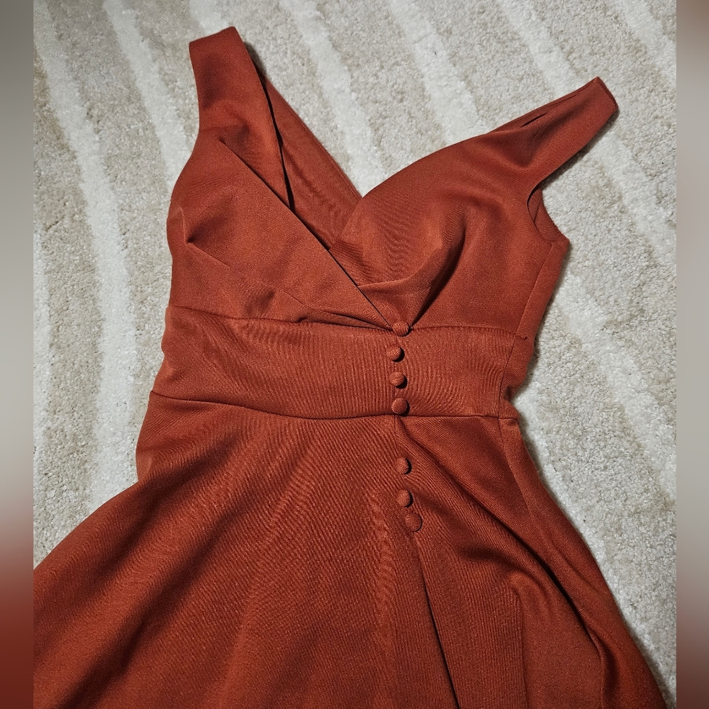 Button Detail Rust Color Midi Dress Asymmetric - image 3